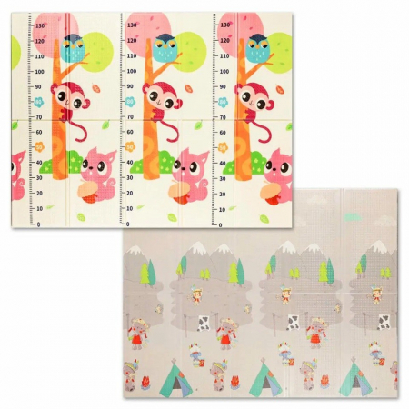 Jucarii, Copii & Bebe - Covoras pentru Copii, Flippy, cu 2 Fete, Model Maimute/Indieni, din XPE+PE, Impermeabil, Antiderapant, Protectie Termica, +3 Luni, Pliabil, 150 x 200 x 1 cm, Multicolor