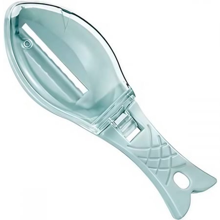 Ustensile de bucatarie - Curatator Manual Solzi de Peste, Flippy, Forma Peste , Recipient cu Capcac pentru Solzi, Plastic, Albastru deschis, 16x6 cm
