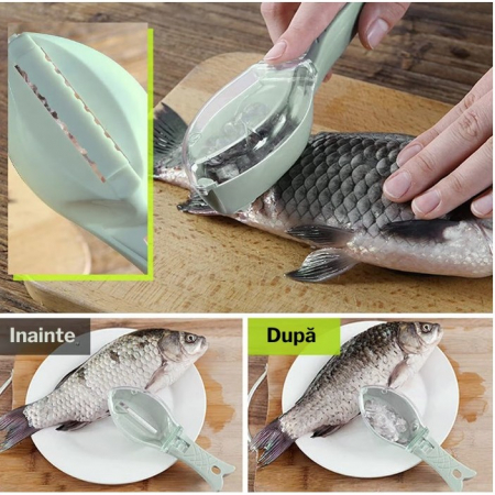 Curatator Manual Solzi de Peste, Flippy, Forma Peste , Recipient cu Capcac pentru Solzi, Plastic, Verde deschis, 16x6 cm [4]