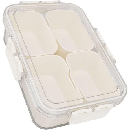 Pentru Casa si Camping - Cutie Alimentara Multifunctionala, Flippy, pentru Condimente, Gustari, Inchidere Etans, cu Capac si Maner, 4 Compartimente, 25 x 8 x 18 cm, Alb