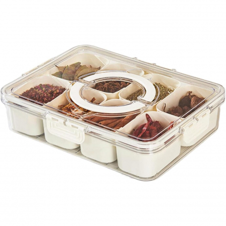 Pentru Casa si Camping - Cutie Alimentara Multifunctionala, Flippy, pentru Condimente, Gustari, Inchidere Etans, cu Capac si Maner, 8 Compartimente, 32 x 8 x 25 cm, Alb