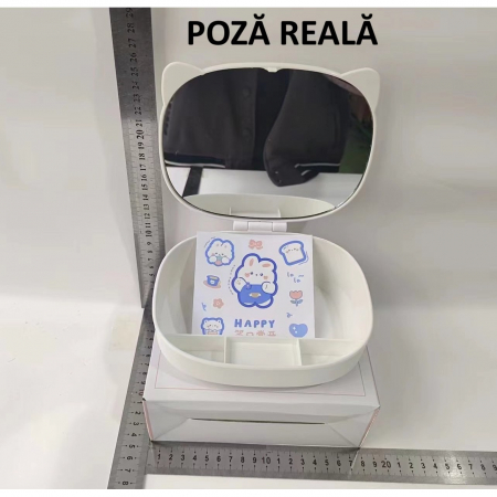 Cutie cu Oglinda, Model Pisica, Flippy, 4 Compartimente, Cutie de Depozitare a Machiajelor si Accesoriilor, Oglinda de Machiaj, 17x13x6cm, Alb [5]