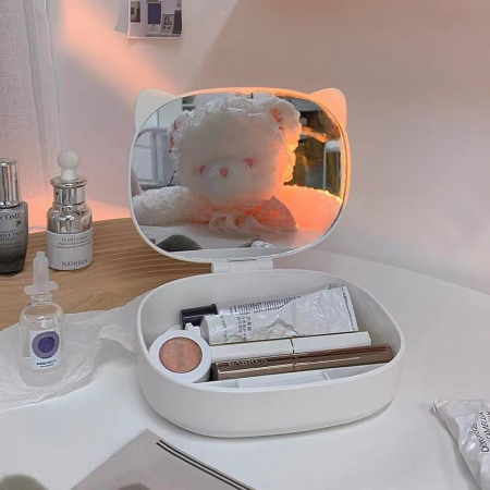 Cutie cu Oglinda, Model Pisica, Flippy, 4 Compartimente, Cutie de Depozitare a Machiajelor si Accesoriilor, Oglinda de Machiaj, 17x13x6cm, Alb [1]