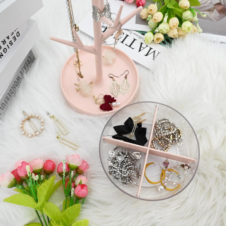 Cutie de Bijuterii, Flippy, Rotativa, cu Suport Tip Ramura, 36.5 x 14 cm, din ABS+PP, Roz [4]