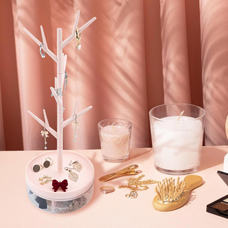 Cutie de Bijuterii, Flippy, Rotativa, cu Suport Tip Ramura, 36.5 x 14 cm, din ABS+PP, Roz [3]