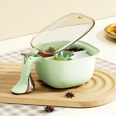 Cutie de Depozitare a Condimentelor, Flippy, de Uz Casnic, cu Maner Stabil, cu Capac, 4 Compartimente Principale, 21 x 14 x 10 cm, Verde [4]