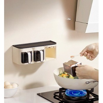 Cutie de Depozitare a Condimentelor, Flippy, de Uz Casnic, Montare pe Perete, 3 Compartimente, 25.8 x 13.6 x 10.5cm, Alb-Negru [1]