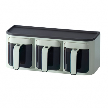 Pentru Casa si Camping - Cutie de Depozitare a Condimentelor, Flippy, de Uz Casnic, Montare pe Perete, 3 Compartimente, 25.8 x 13.6 x 10.5cm, Verde-Negru