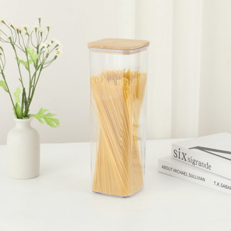 Cutie de Depozitare Alimente, Flippy, Cutie de tip Container, Cutie pentru Cereale, din Plastic, Capac din Bambuc, 10 x 10 x 30 cm, Volum 1.9 l, Transparent [1]
