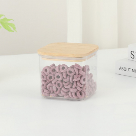 Cutie de Depozitare Alimente, Flippy, Cutie de tip Container, Cutie pentru Cereale, din Plastic, Capac din Bambuc, 10 x 10 x 8 cm, Volum 0.5 L, Transparenta [1]