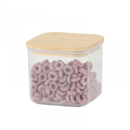 Ustensile de bucatarie - Cutie de Depozitare Alimente, Flippy, Cutie de tip Container, Cutie pentru Cereale, din Plastic, Capac din Bambuc, 10 x 10 x 8 cm, Volum 0.5 L, Transparenta