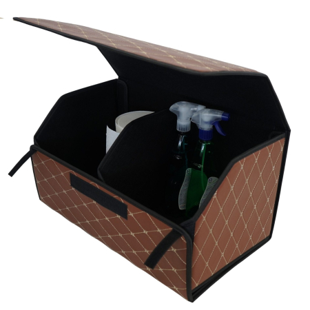 Cutie de Depozitare Auto, Flippy, Organizator Premium Portbagaj, Geanta Multifunctionala din Piele Ecologica, 2 Compartimente Depozitare, Pliabil, Rezistent la Uzura, Maro Inchis, 55 x 30 x 30cm [4]