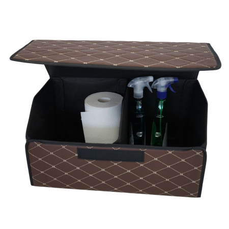 Cutie de Depozitare Auto, Flippy, Organizator Premium Portbagaj, Geanta Multifunctionala din Piele Ecologica, Rezistent la Uzura si Pliabil, 2 Compartimente Depozitare, Maro Havana, 55 x 30 x 30cm [4]