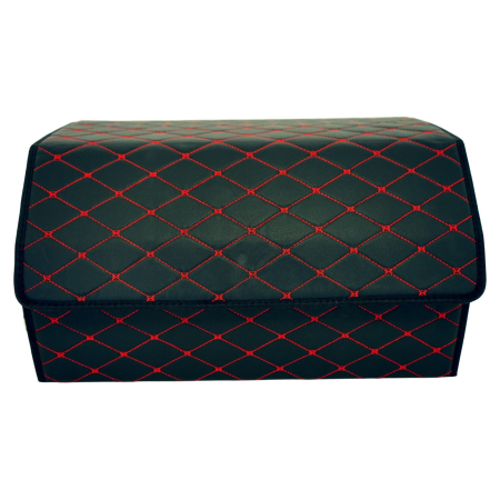 Electrice auto - Cutie de Depozitare Auto, Flippy, Organizator Premium Portbagaj, Geanta Multifunctionala, Piele Ecologica, 2 Compartimente Depozitare, Pliabil si Rezistent la Uzura, Negru/Rosu, 55 x 30 x 30cm