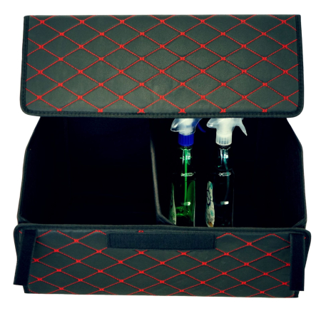 Cutie de Depozitare Auto, Flippy, Organizator Premium Portbagaj, Geanta Multifunctionala, Piele Ecologica, 2 Compartimente Depozitare, Pliabil si Rezistent la Uzura, Negru/Rosu, 55 x 30 x 30cm [4]