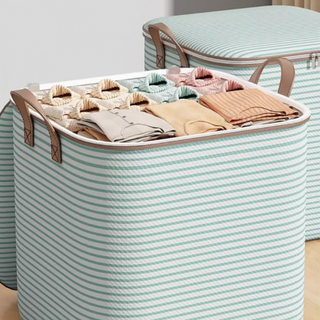 Lichidare Cutie de Depozitare cu Fermoar, Flippy, Pliabila, Maner Ranforsat, Fermoar Rezistent, pentru Haine, Paturi, Plapume, Perne, Lenjerii de Pat, Jucarii, 50x40x50 cm, 100 Litri, in Dungi, Verde [2]