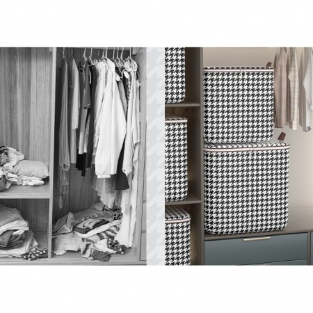 Cutie de Depozitare cu Fermoar, Flippy, Pliabila, Maner Ranforsat, Fermoar Rezistent, pentru Haine, Paturi, Plapumi, Perne, Lenjerii de Pat, Jucarii, 50x50x70 cm, 180 Litri, in Carouri, Alb-Negru [7]