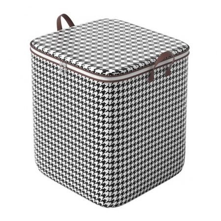 Pentru Casa si Camping - Cutie de Depozitare cu Fermoar, Flippy, Pliabila, Maner Ranforsat, Fermoar Rezistent, pentru Haine, Paturi, Plapumi, Perne, Lenjerii de Pat, Jucarii, 56x45x56 cm, 140 Litri, in Carouri, Alb-Negru