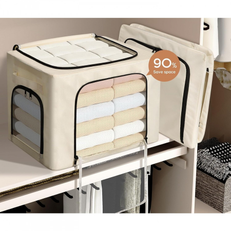 Cutie de Depozitare, Flippy, cu 3 Ferestre cu Fermoar Bidirectional, Cadru din Otel, Impermeabil, 38L, 42 x 30 x 30 cm, Bej [3]