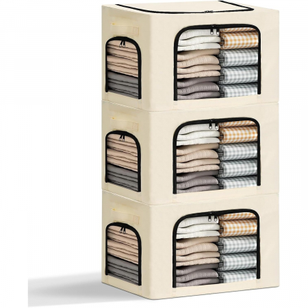 Cutie de Depozitare, Flippy, cu 3 Ferestre cu Fermoar Bidirectional, Cadru din Otel, Impermeabil, 38L, 42 x 30 x 30 cm, Bej [5]