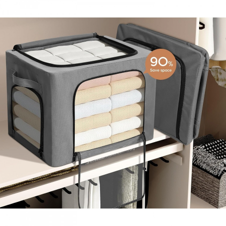 Cutie de Depozitare, Flippy, cu 3 Ferestre cu Fermoar Bidirectional, Cadru din Otel, Impermeabil, 38L, 42 x 30 x 30 cm, Gri Inchis [4]