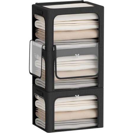 Cutie de Depozitare, Flippy, cu 3 Ferestre cu Fermoar Bidirectional, Cadru din Otel, Impermeabil, 38L, 42 x 30 x 30 cm, Negru [4]