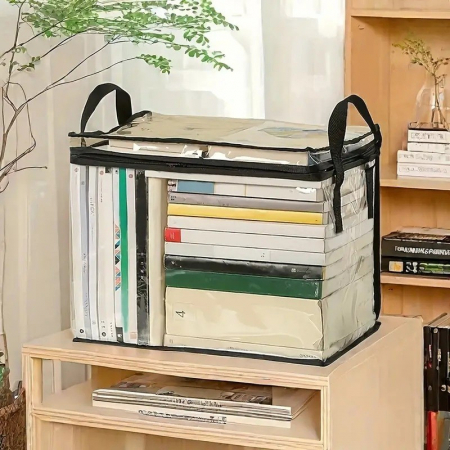 Lichidare Cutie de Depozitare, Flippy, din PVC + Textil, Rezistenta la Apa, Geanta pentru Carti, 38x24x32 cm, Transparent-Negru [5]