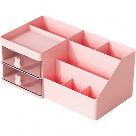 Pentru Casa si Camping - Cutie de Depozitare pentru Birou, Flippy, Pentru Makeup, Papetarie, Organizator Cosmetice, 2 Sertare si Compartimente Multiple, Model Iepuras, Plastic, 27.5x15.5x12 cm, Roz