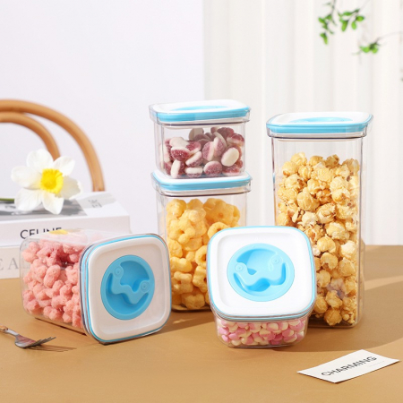 Cutie de Depozitare pentru Bucatarie, Flippy, 600 ml, din ABS+PET+Silicon, Capac Alb/Albastru, 11.5 x 8 x 8 cm, Transparent [1]