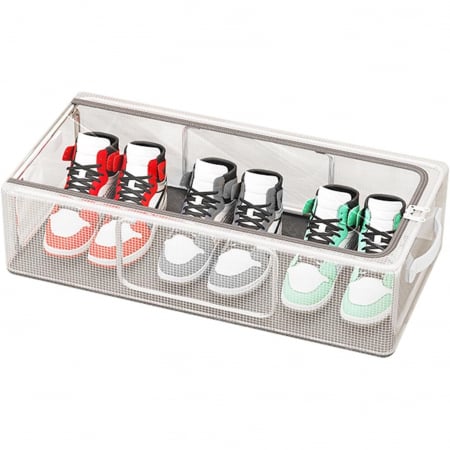 Pentru Casa si Camping - Cutie de Depozitare pentru Pantofi, Flippy, 40x30x15 cm, din Plasa PVC Impermeabila si Cadru de Otel, Pliabila, Fermoar Bidirectional, Transparenta