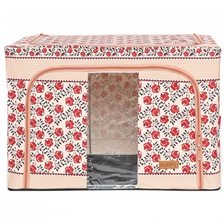 Pentru Casa si Camping - Cutie de Depozitare Pliabila, Flippy,100 L din Bumbac si In, 60X42X40 cm, Fereastra Frontala, 2 Usi de Acces cu Fermoar Bidirectional, Cadru Metalic, Suport Baza Stabil din Plastic, Motiv Traditional 