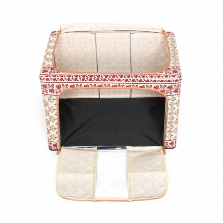 Cutie de Depozitare Pliabila, Flippy,100 L din Bumbac si In, 60X42X40 cm, Fereastra Frontala, 2 Usi de Acces cu Fermoar Bidirectional, Cadru Metalic, Suport Baza Stabil din Plastic, Motiv Traditional  [6]