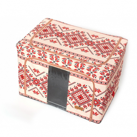 Cutie de Depozitare Pliabila, Flippy,100 L din Bumbac si In, 60X42X40 cm, Fereastra Frontala, 2 Usi de Acces cu Fermoar Bidirectional, Cadru Metalic, Suport Baza Stabil din Plastic, Motiv Traditional  [7]