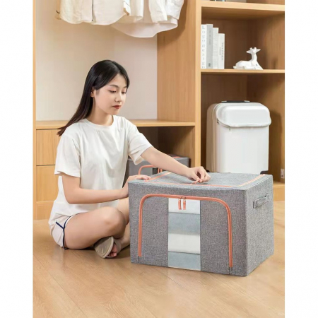 Cutie de Depozitare Pliabila, Flippy, 24 L, din Bumbac si In, 40x30x20 cm, Fereastra Frontala, 2 Usi de Acces cu Fermoar Bidirectional, Cadru Metalic, Suport Baza Stabil din Plastic, Gri [9]