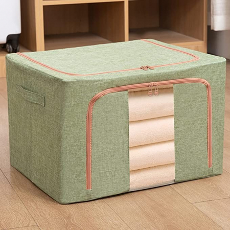Cutii depozitare diverse - Cutie de Depozitare Pliabila, Flippy, 24 L, din Bumbac si In, 40x30x20 cm, Fereastra Frontala, 2 Usi de Acces cu Fermoar Bidirectional, Cadru Metalic, Suport Baza Stabil din Plastic, Verde