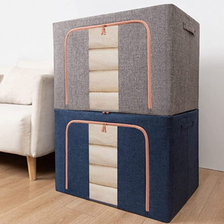 Lichidare Cutie de Depozitare Pliabila, Flippy, 24 L, din Bumbac si In, 40x30x20 cm, Fereastra Frontala, 2 Usi de Acces cu Fermoar Bidirectional, Cadru Metalic, Suport Baza Stabil din Plastic, Albastr [2]