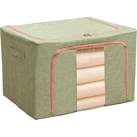 Cutie de Depozitare Pliabila, Flippy, 24 L, din Bumbac si In, 40x30x20 cm, Fereastra Frontala, 2 Usi de Acces cu Fermoar Bidirectional, Cadru Metalic, Suport Baza Stabil din Plastic, Verde [2]
