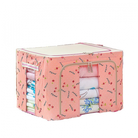 Cutie de Depozitare Pliabila, Flippy, 24 L, Panza Oxford, 40x30x20 cm, Fereastra Frontala, 2 Usi de Acces cu Fermoar Bidirectional, Cadru Metalic, Suport Baza Stabil din Plastic, Imprimeu Cirese, Roz [3]