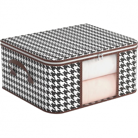 Pentru Casa si Camping - Cutie de Depozitare Pliabila, Flippy, 60x40x30 cm, 75 L, Fereastra Frontala, cu Fermoar Bidirectional, Suport Baza Stabil, Imprimeu in Carouri, Alb/Negru