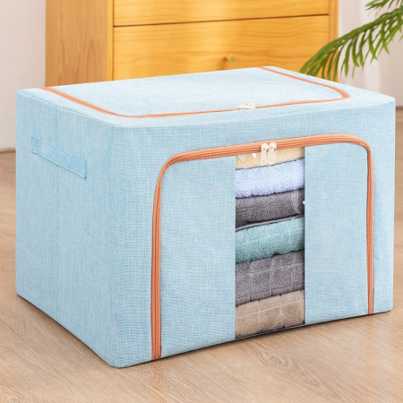 Cutii depozitare diverse - Cutie de Depozitare Pliabila, Flippy, 66 L, din Bumbac si In, 50x40x33 cm, Fereastra Frontala, 2 Usi de Acces cu Fermoar Bidirectional, Cadru Metalic, Suport Baza Stabil din Plastic, Bleu