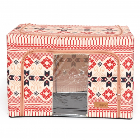 Cutii depozitare diverse - Cutie de Depozitare Pliabila, Flippy, 66 L din Bumbac si In, 52 x 42 x 39 cm, Fereastra Frontala, 2 Usi de Acces cu Fermoar Bidirectional, Cadru Metalic, Suport Baza Stabil din Plastic, Motiv Traditio