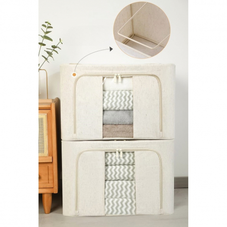 Cutie de Depozitare Pliabila, Flippy, Cu Fereastra si Fermoar Dublu, 66 L, Textil Premium, 50x40x33 cm, Cadru Metalic, Impermeabila, Alb Texturat [1]