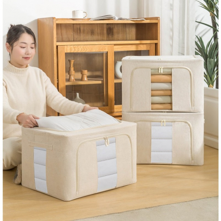 Cutie de Depozitare Pliabila, Flippy, Cu Fereastra si Fermoar Dublu, 66 L, Textil Premium, 50x40x33 cm, Cadru Metalic, Impermeabila, Bej [11]