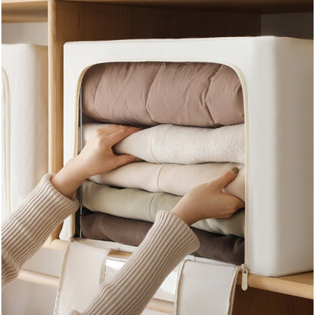 Cutie de Depozitare Pliabila, Flippy, Cu Fereastra si Fermoar Dublu, 66 L, Textil Premium, 50x40x33 cm, Cadru Metalic, Impermeabila, Bej [33]