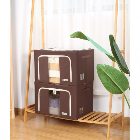 Cutie de Depozitare Pliabila, Flippy, Cu Fereastra si Fermoar Dublu, 66 L, Textil Premium, 50x40x33 cm, Cadru Metalic, Impermeabila, Maro [2]