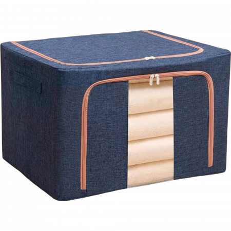 Pentru Casa si Camping - Cutie de depozitare pliabila, Flippy, Cu fermoar, 100 L, Textil, 60x42x40 cm, Cadru Metalic, Suport Baza Stabil din Plastic, Albastru Marin