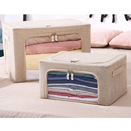 Cutie de depozitare pliabila, Flippy, Cu fermoar, 100 L, Textil, 60x42x40 cm, Cadru Metalic, Suport Baza Stabil din Plastic, Crem cu Doua Ferestre [1]