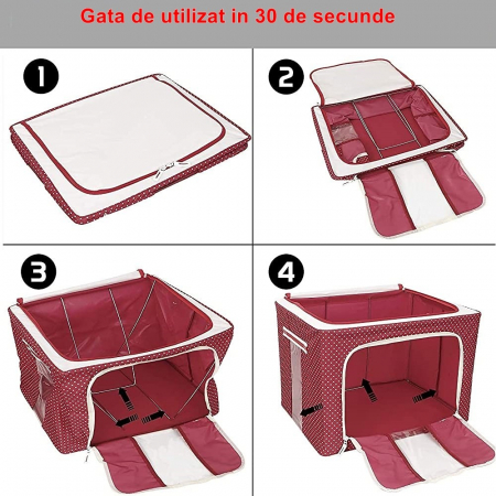 Sub 99 Lei - Cutie de Depozitare Pliabila, Flippy, cu Fermoar, 100 L, Textil, 60x42x40 cm, O Fereastra, Cadru Metalic, Suport Baza Stabil din Plastic, imprimeu punctat, Rosu