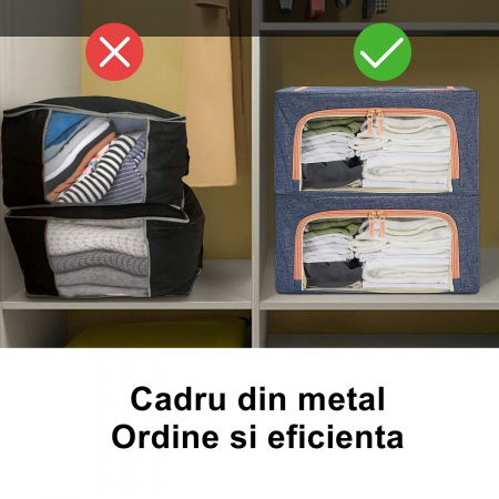 Cutii depozitare diverse - Cutie de depozitare pliabila, Flippy, Cu fermoar, 66 L, Textil, 50x40x33 cm, Albastru Marin, Cadru Metalic, Suport Baza Stabil din Plastic, Cu doua ferestre