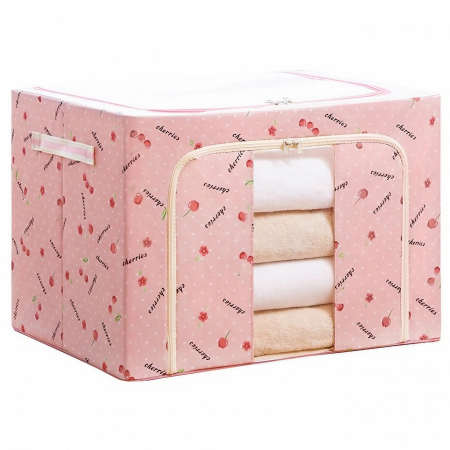 Pentru Casa si Camping - Cutie de Depozitare Pliabila, Flippy, Cu Fermoar, 66 L, Textil, 50x40x33 cm, cu Fereastra, Cadru Metalic, Suport Baza Stabil din Plastic, Imprimeu Cirese, Roz